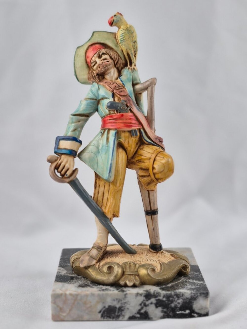 Vintage Fontanini Peg-Leg Pirate Figurine Parrot Carrara Marble Base Italy